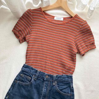 ローリーズファーム(LOWRYS FARM)のローリーズファーム　ボーダーリブtシャツ　カットソー　トップス　ブラウン　M(Tシャツ/カットソー(半袖/袖なし))