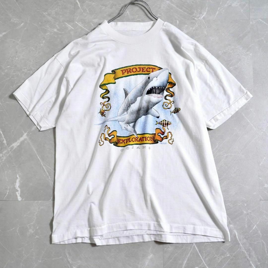 ビンテージTシャツ　90s シングルステッチ　サメ　プリント　コピーライト　白