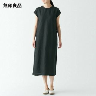 ムジルシリョウヒン(MUJI (無印良品))の◆新品◆  無印良品ヘンプ洗いざらしフレンチスリーブワンピース／黒／Ｍ(ひざ丈ワンピース)