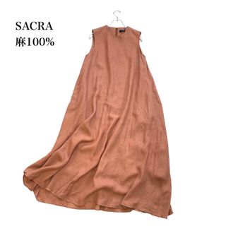 サクラ(SACRA)のサクラ 麻 リネン 38 Aライン フレアワンピース マキシ ノースリーブ 茶(ロングワンピース/マキシワンピース)