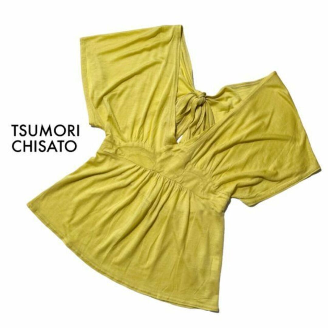 TSUMORI CHISATO(ツモリチサト)の美品 ツモリチサト カットソー リボン シルク ブラウス イエロー 2 M〜L レディースのトップス(カットソー(半袖/袖なし))の商品写真