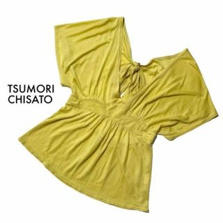 ツモリチサト(TSUMORI CHISATO)の美品 ツモリチサト カットソー リボン シルク ブラウス イエロー 2 M〜L(カットソー(半袖/袖なし))