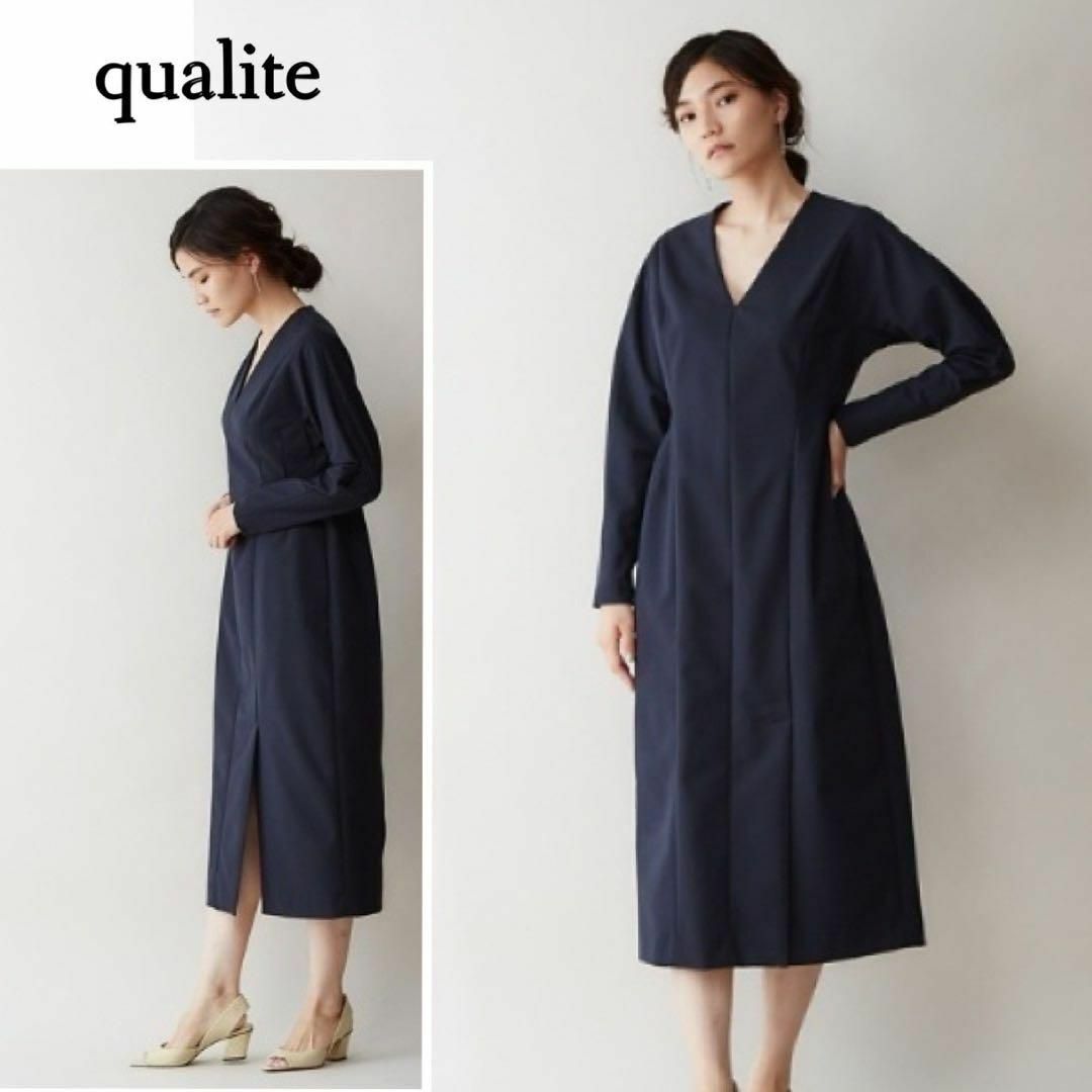 qualite - ゆったりキレイシルエット♪ 前スリット ロングワンピース M ...