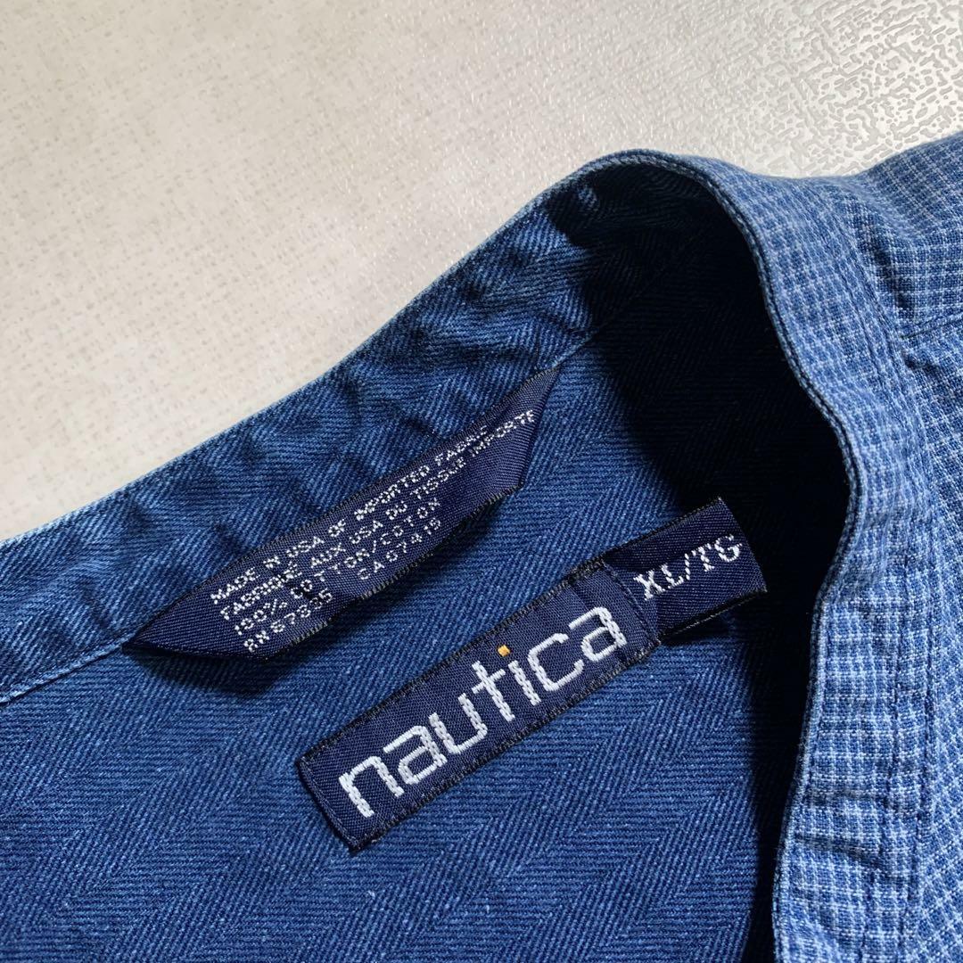 USA製90s NAUTICAノーティカ ブルーチェックシャツ 長袖シャツ 丸首 6