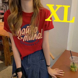 カジュアル tシャツ ゆったり レディース 半袖 ロゴ 夏  韓国  赤 XL(Tシャツ(半袖/袖なし))