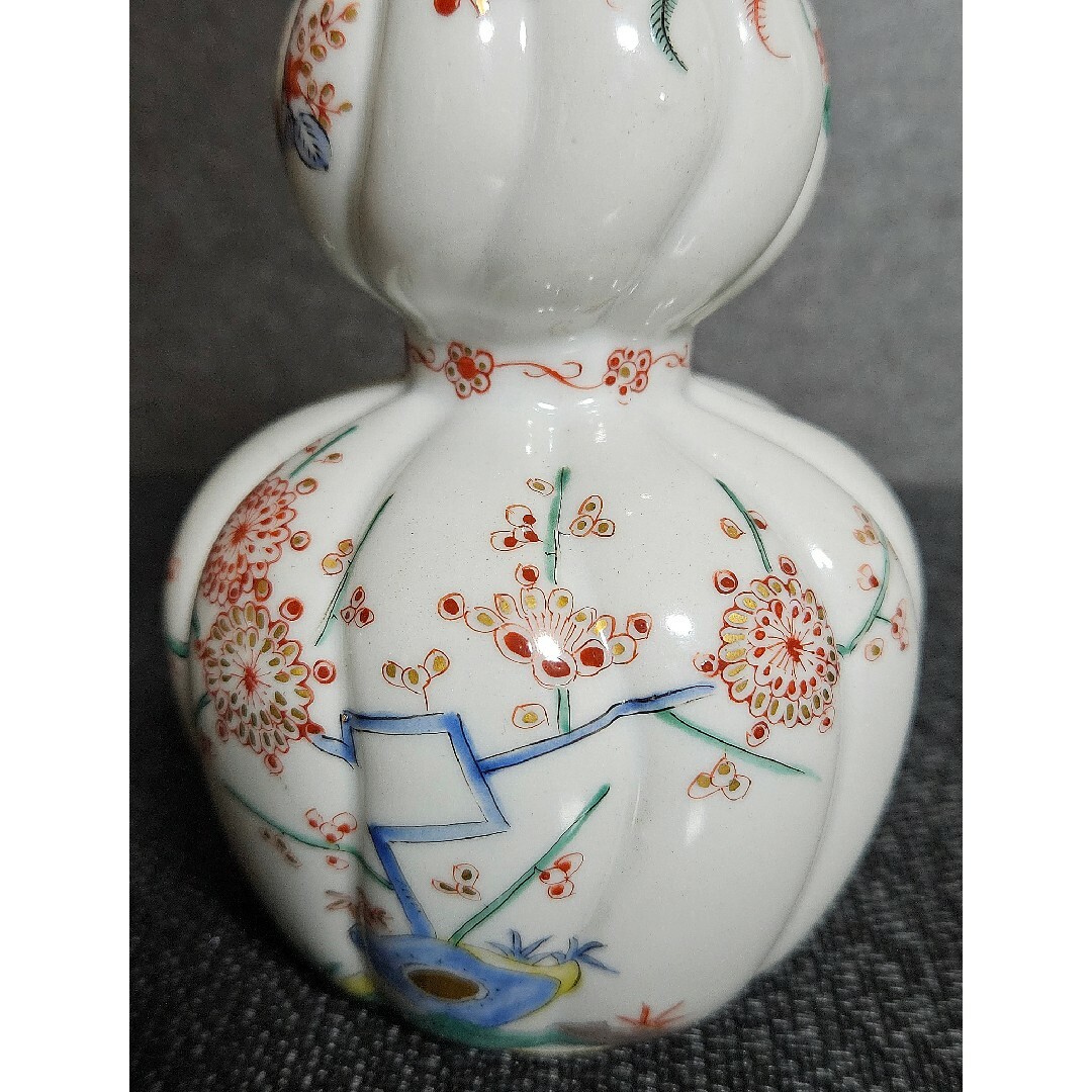 明治時代頃 錦手金彩色絵 鎬造 柿右衛門様式 鳳凰に梅 桐文に鳥 徳利