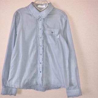 値下げ!【美品】ピンクハウス 七分袖ブラウス チェック 水色 フリル 綿-