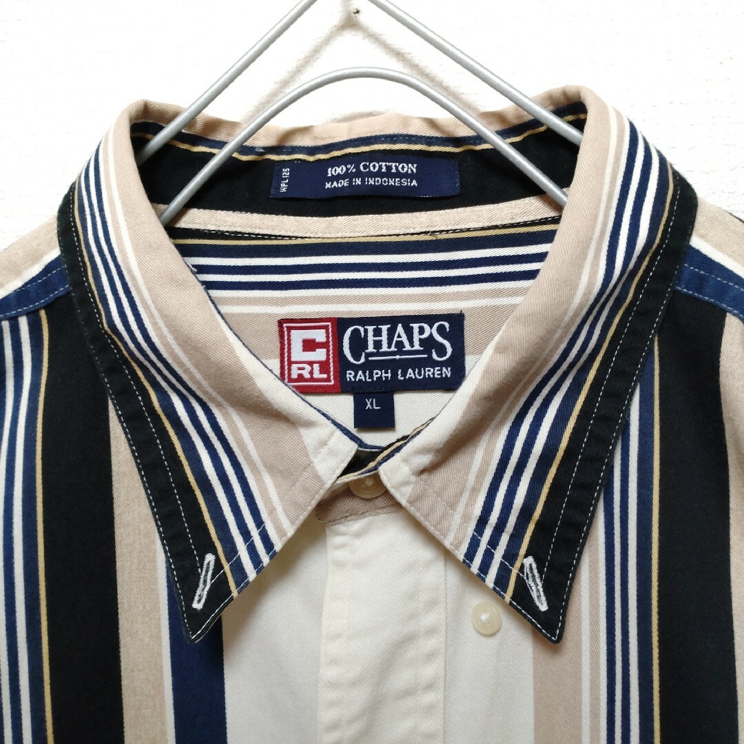 90s チャップスラルフローレン マルチストライプ シャツ 半袖 刺繍ロゴ XL