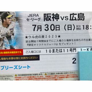 ハンシンタイガース(阪神タイガース)のウル虎の夏ジャージ付7/30( 日)阪神-広島ブリーズシート通路横ペア(野球)