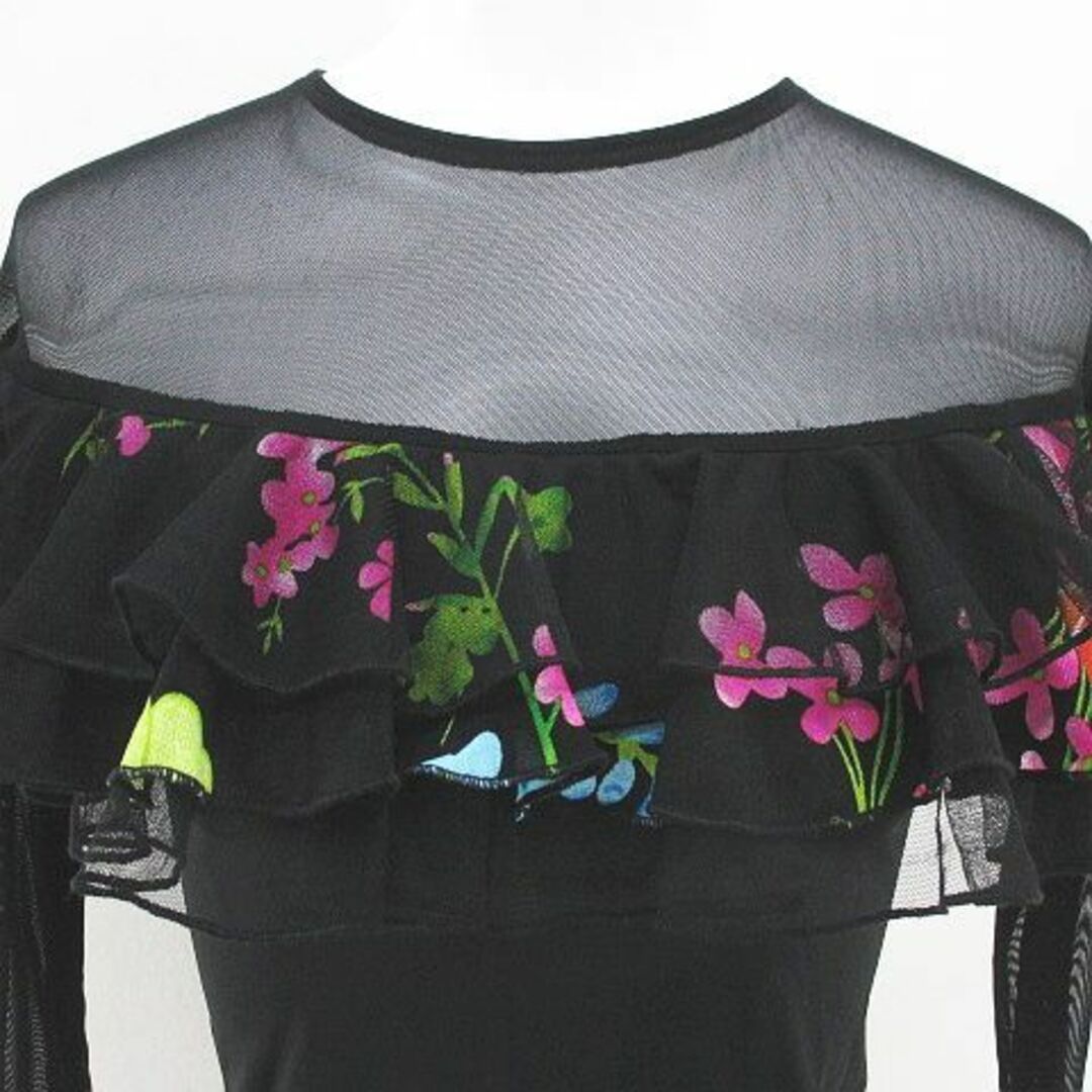 社交ダンスウェア 衣装 花柄 長袖 カットソー フリル S 黒 ストレッチ 3