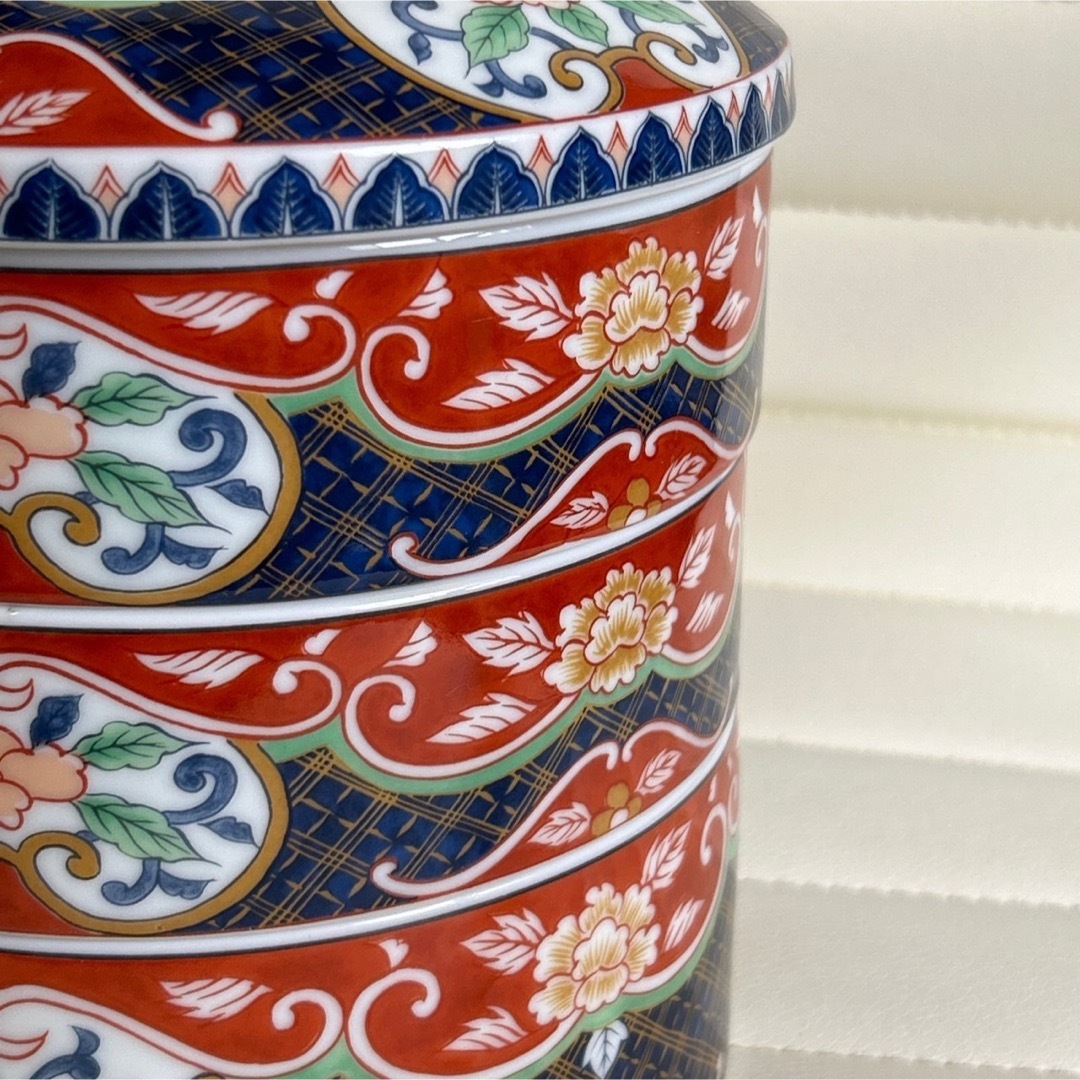 前畑陶器 庫山窯 三段重 おせち器 お正月 蓋付き重ね鉢 古伊万里 色絵 重箱