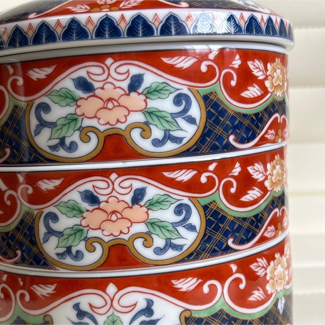 前畑陶器 庫山窯 三段重 おせち器 お正月 蓋付き重ね鉢 古伊万里 色絵 重箱