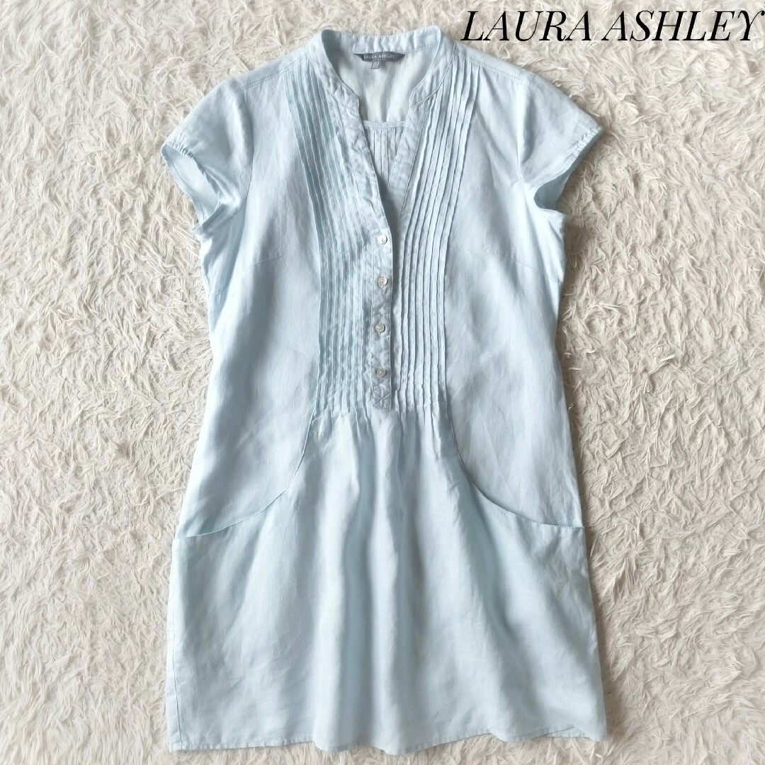 LAURA ASHLEY(ローラアシュレイ)の【ローラアシュレイ】リネンシャツワンピースUS8 麻100% ブルー 膝丈 レディースのワンピース(ひざ丈ワンピース)の商品写真