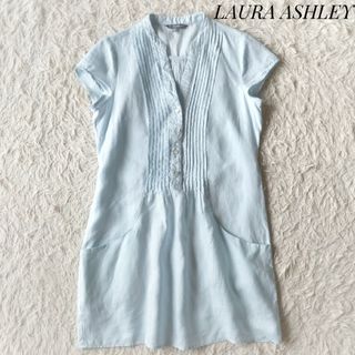 ローラアシュレイ(LAURA ASHLEY)の【ローラアシュレイ】リネンシャツワンピースUS8 麻100% ブルー 膝丈(ひざ丈ワンピース)