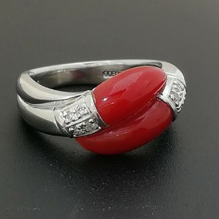 Pt900◯天然珊瑚 & ダイヤ✨0.08ct付リング※ミニ宝石鑑別書付き※の通販