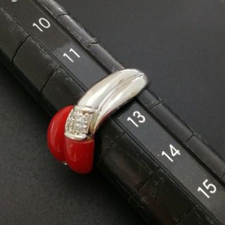 Pt900◯天然珊瑚 & ダイヤ✨0.08ct付リング※ミニ宝石鑑別書付き※の通販