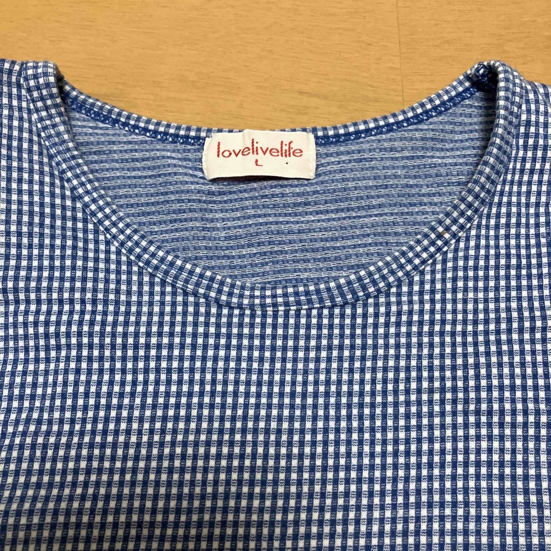 Tシャツ　ブルー　チェック柄 レディースのトップス(Tシャツ(半袖/袖なし))の商品写真