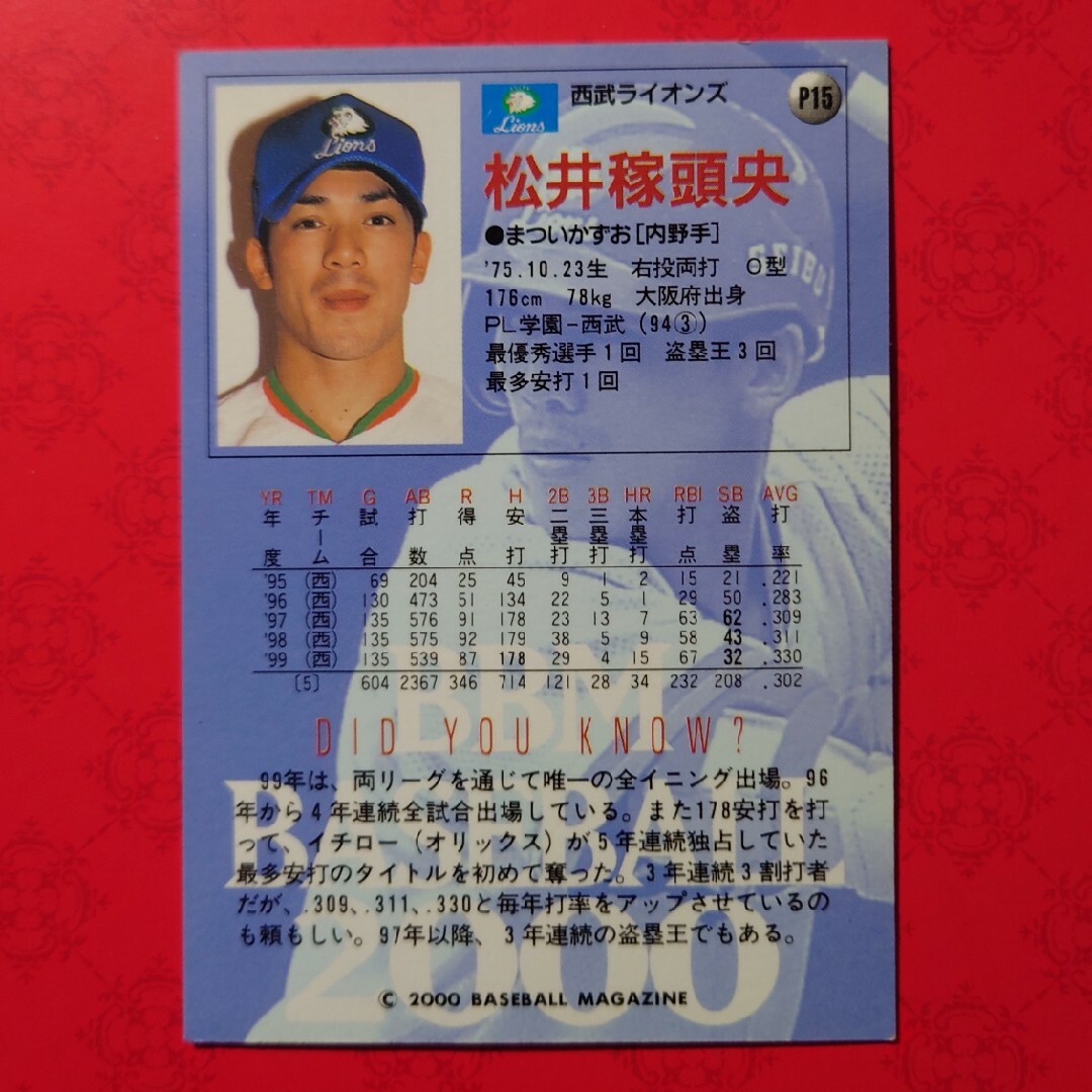 埼玉西武ライオンズ(サイタマセイブライオンズ)のプロ野球カード 松井稼頭央選手2000 エンタメ/ホビーのテーブルゲーム/ホビー(野球/サッカーゲーム)の商品写真