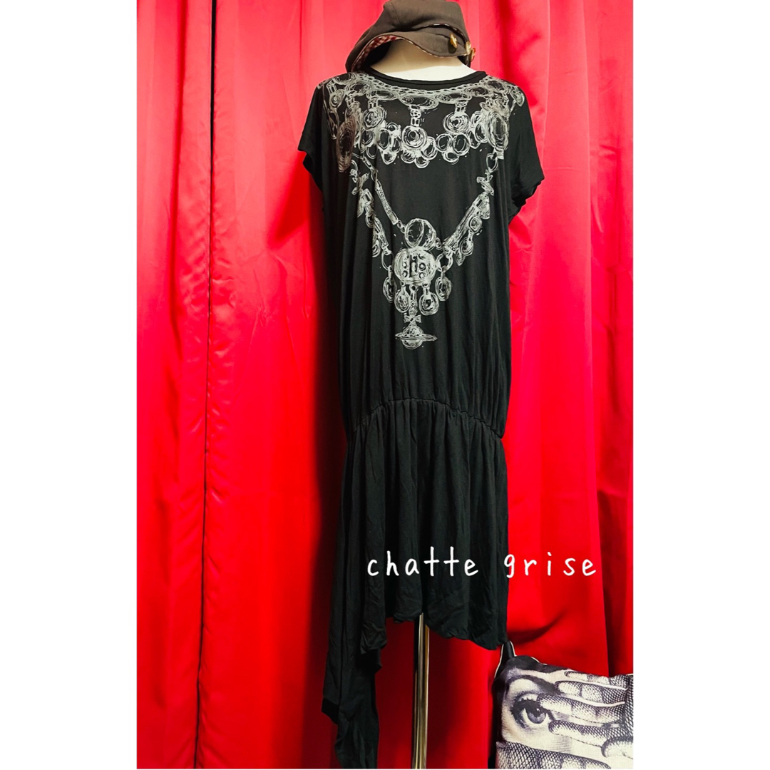 ヴィヴィアン黒アシンメトリーネックレスプリントワンピースオーブ