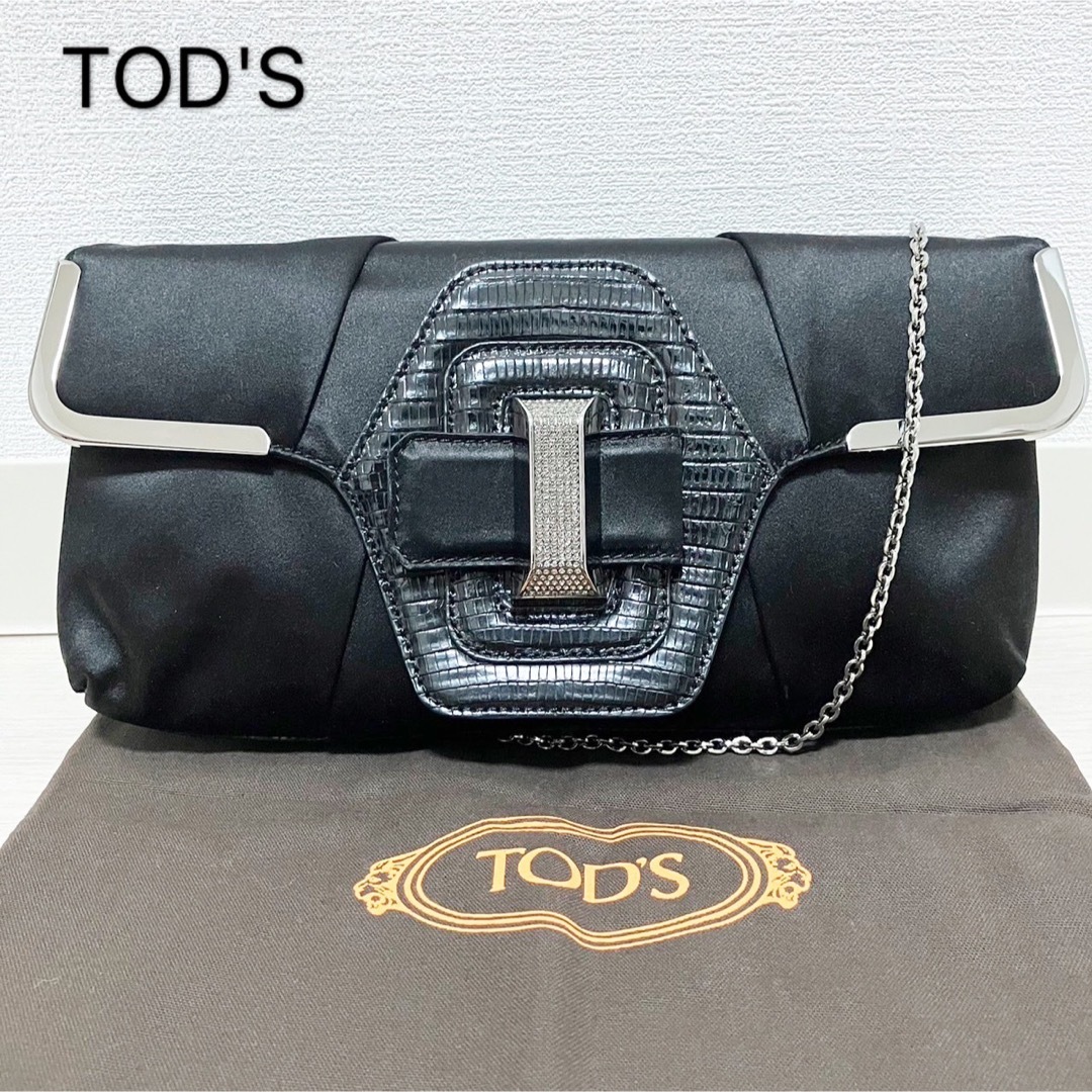 美品 TOD's ダイヤモンドロック シルク サテン パーティーバッグ