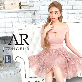 エンジェルアール(AngelR)のAngelR デザイン柄オフショルダーフレアミニドレス S ピンク(ナイトドレス)