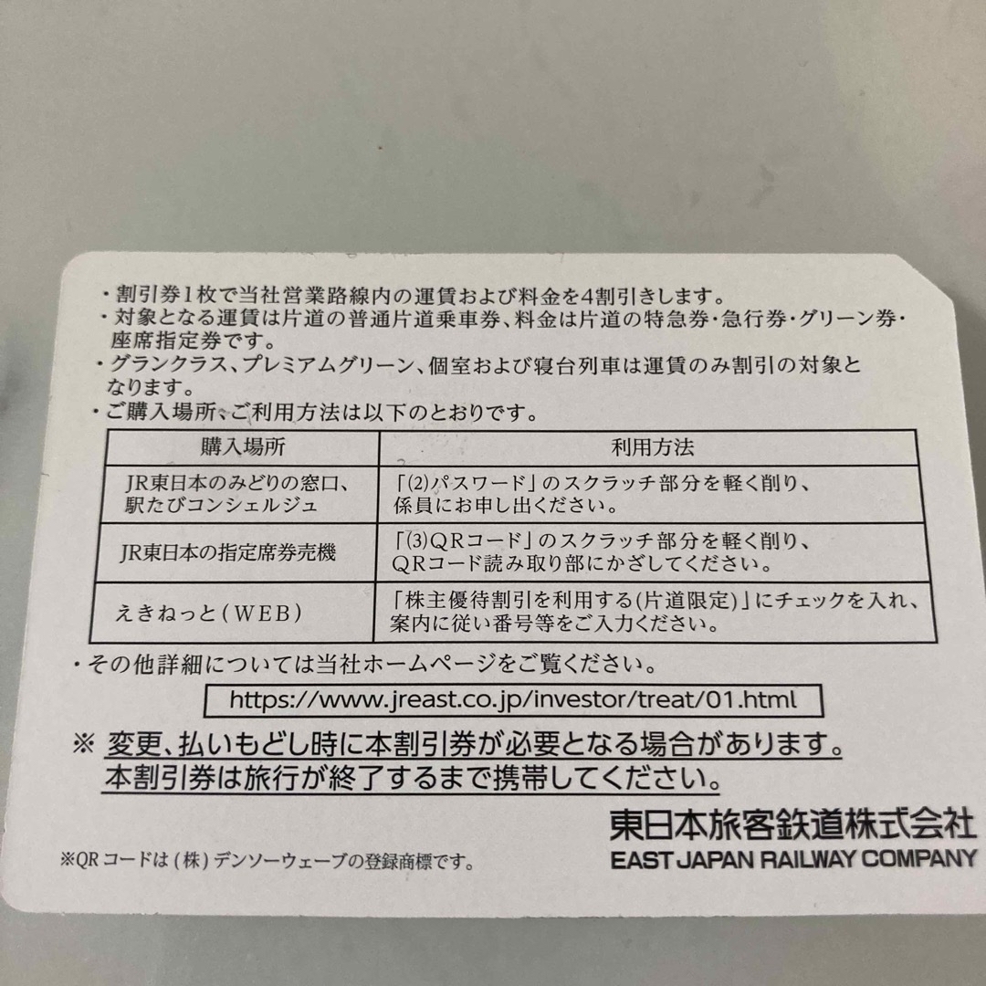 JR東日本株主優待割引券　4割引　4枚 1