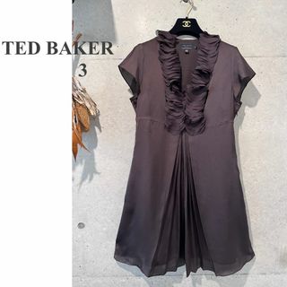 テッドベイカー(TED BAKER)のTED BAKER 胸元フリルワンピース ブラウン ３(ひざ丈ワンピース)