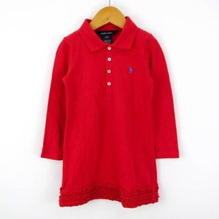 ラルフローレン(Ralph Lauren)のラルフローレン 長袖ワンピース ポロワンピ 無地 ポニーロゴ 裾フリル トップス キッズ 女の子用 4 4Tサイズ レッド RALPH LAUREN(ワンピース)