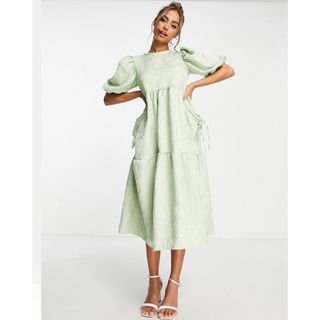 エイソス(asos)のASOS💚パフスリーブワンピース👗美品UK8(ロングワンピース/マキシワンピース)