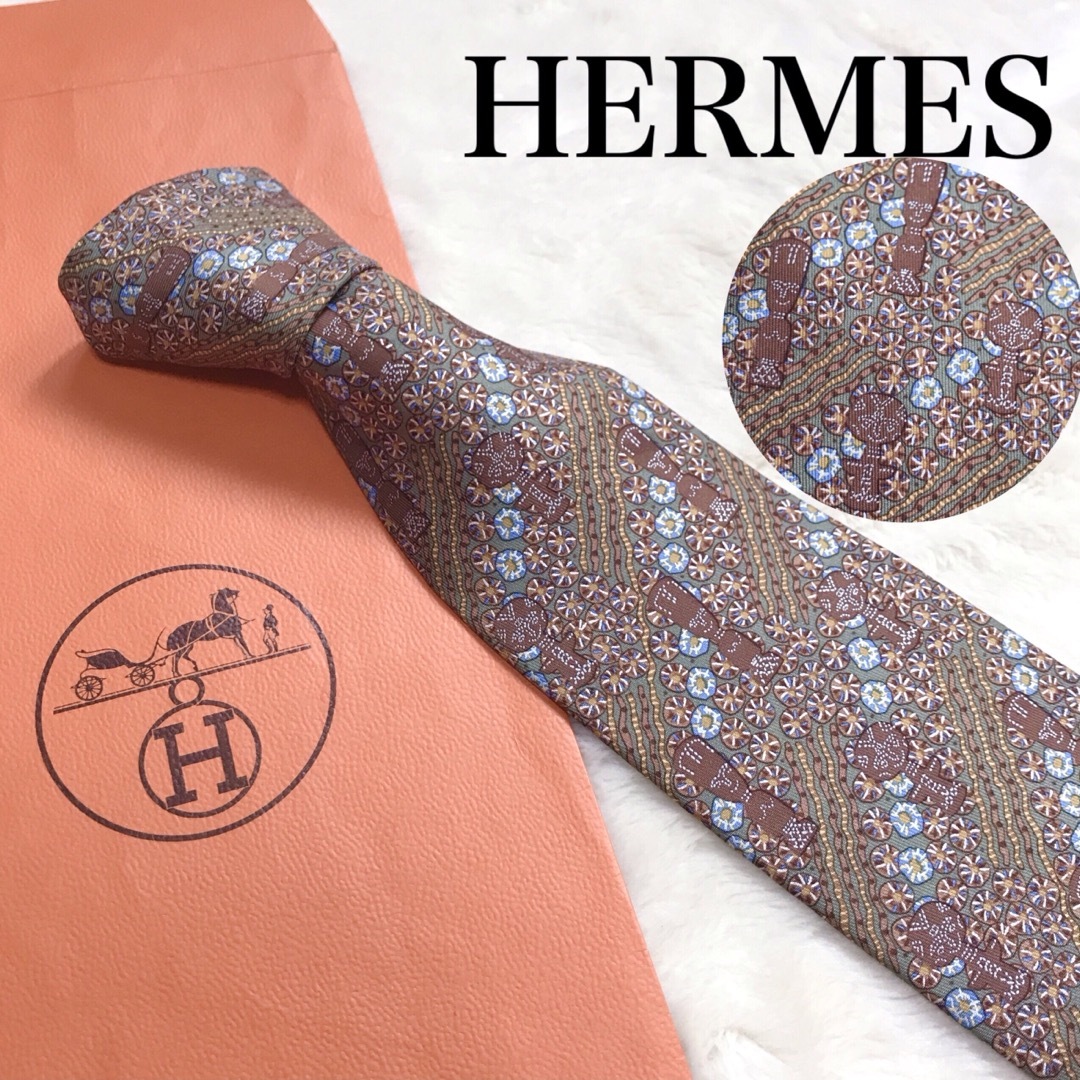 美品 HERMES ネクタイ 花柄 ブラウン 総柄 マルチカラー 馬車 シルク