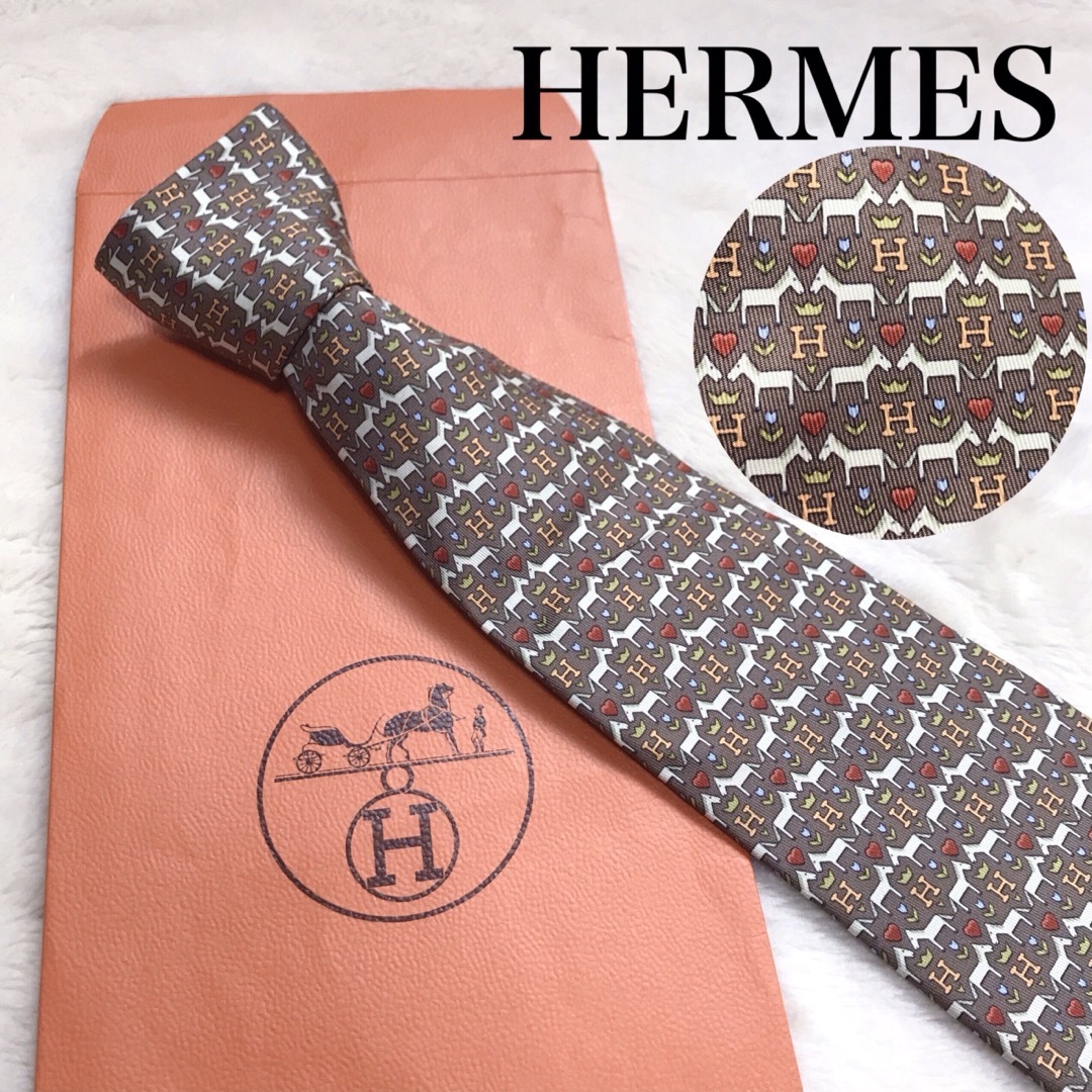 美品 HERMES ネクタイ Hロゴ ハート柄 花柄 総柄 動物 馬車