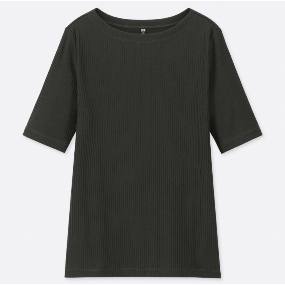 UNIQLO(ユニクロ)のユニクロ　リブボードネックT（5部袖）　グリーン　Mサイズ レディースのトップス(Tシャツ(半袖/袖なし))の商品写真