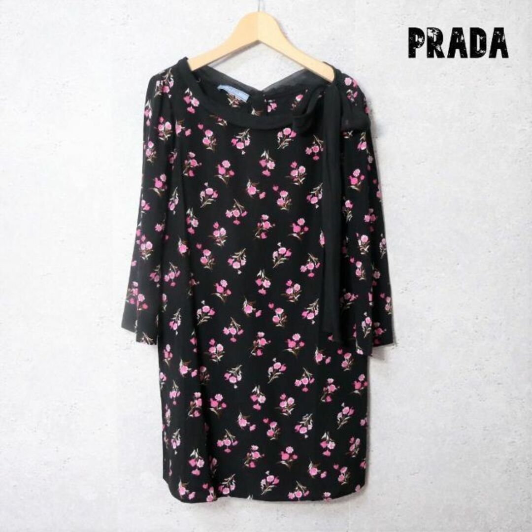 美品 PRADA シルク100％ 花柄 バックボタン 七分袖 シャツ ブラウス ...