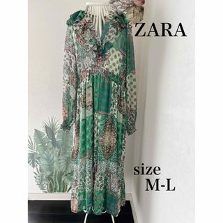 ザラ(ZARA)のZARAザラ　フリルシフォンロングシアーワンピース★総花柄ペイズリー(ロングワンピース/マキシワンピース)