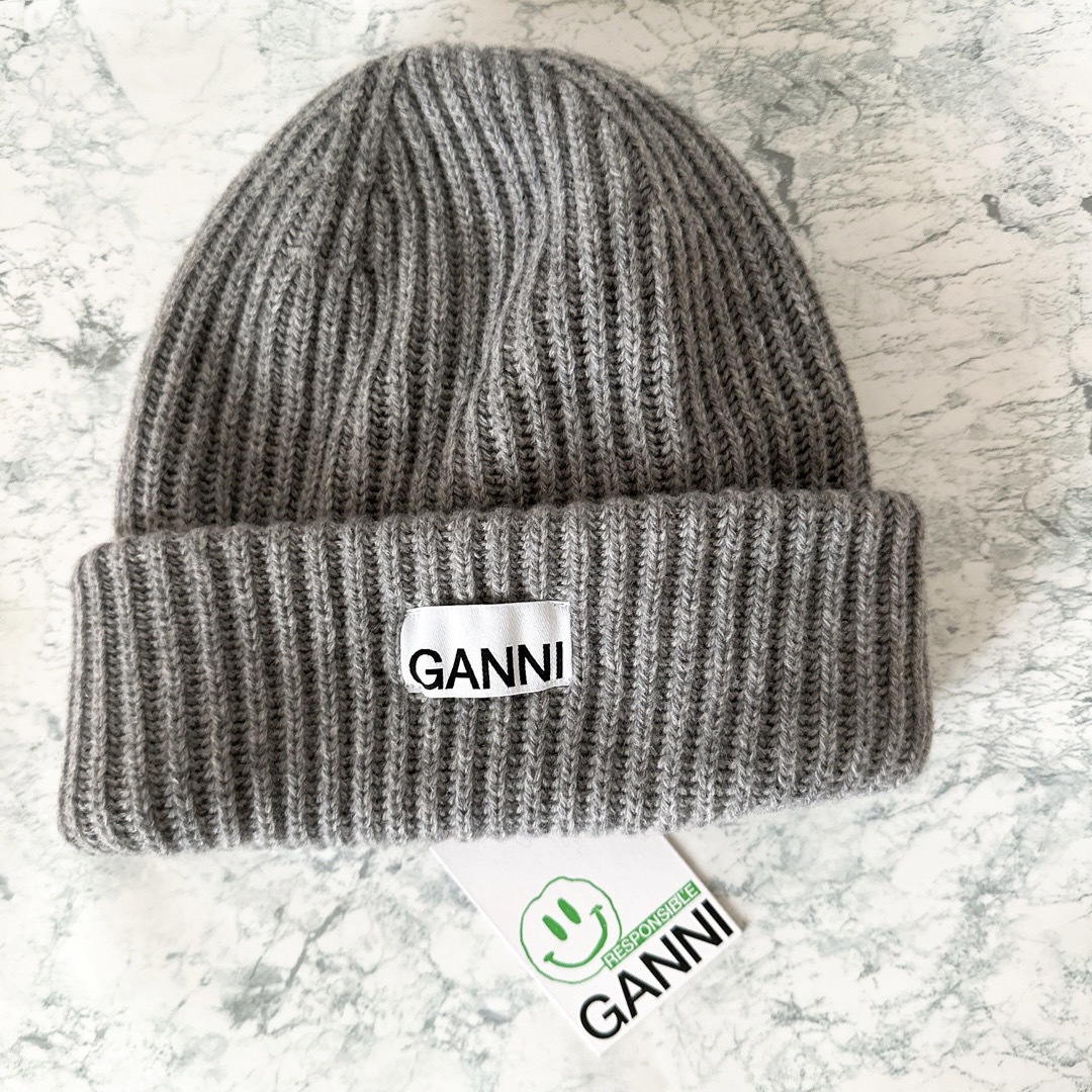 レディース Ganni ガニー ロゴ ニット帽 ニットキャップ グレー www