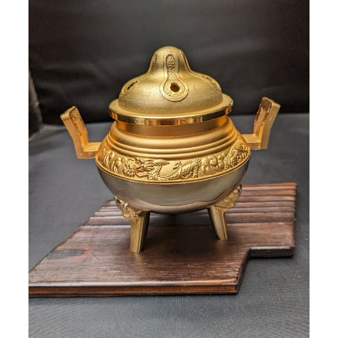 ☆a975、○龍神香炉 金香炉(金メッキ)三つ足 香道具 鍍金 ☆a975、○龍神香炉 金香炉(金メッキ)三つ足 香道具 鍍金