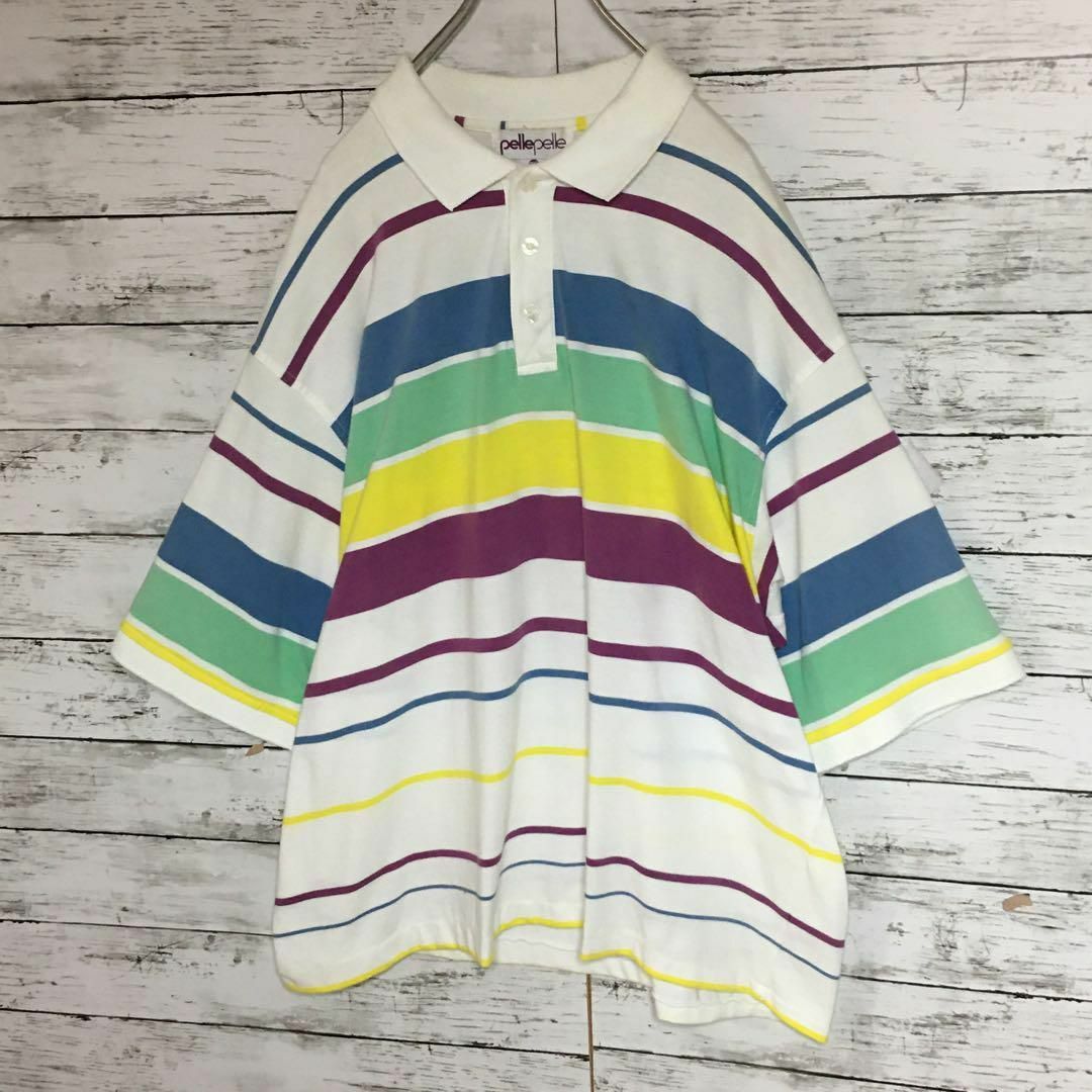 希少デザイン】ペレペレ 半袖ワッペン刺繍ポロシャツ ボーダー3XL E672