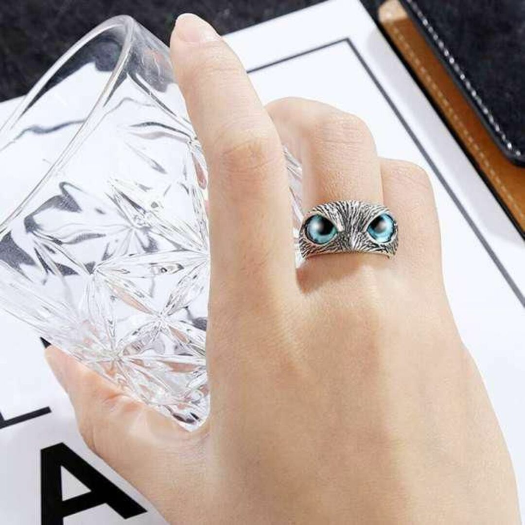 フクロウリング 青 ブルー 調整可能 メンズ レディース フリー指輪 韓国 人気 通販