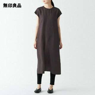 ムジルシリョウヒン(MUJI (無印良品))の●新品●  無印良品ヘンプ洗いざらしフレンチスリーブワンピース／ブラウン／Ｍ(ひざ丈ワンピース)