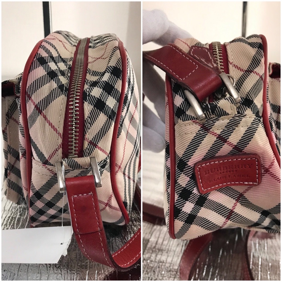 BURBERRY(バーバリー)のバーバリー ノヴァ 斜め掛けショルダー ベージュ×レッド キャンバス×レザー レディースのバッグ(ショルダーバッグ)の商品写真