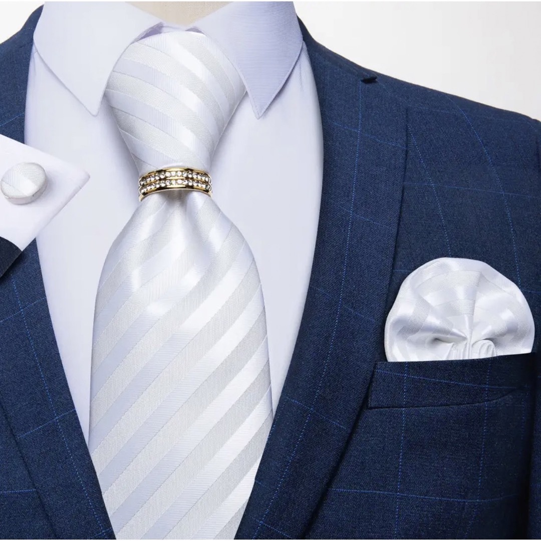 【4点セット】ネクタイペイズリーストライプ結婚式リング白ホワイト金ゴールド メンズのファッション小物(ネクタイ)の商品写真