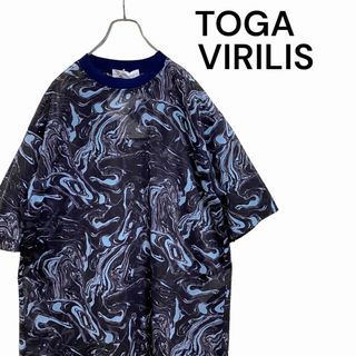 トーガビリリース(TOGA VIRILIS)の【新品】トーガ マーブル プリント シアー Tシャツ メンズ 46 ネイビー(Tシャツ/カットソー(半袖/袖なし))