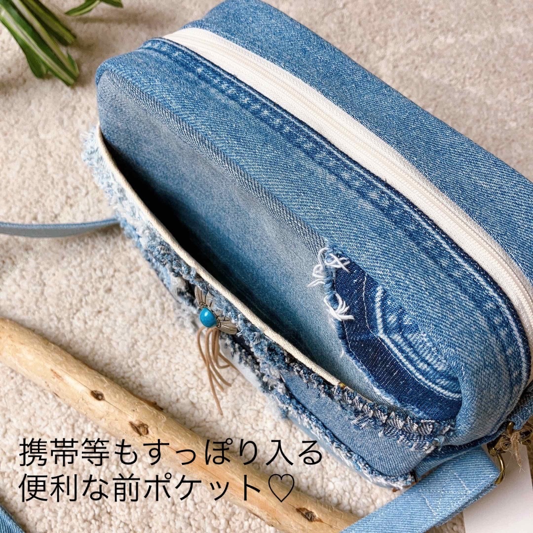 fringe denim✴︎2way shoulder bag コンチョver ハンドメイドのファッション小物(バッグ)の商品写真