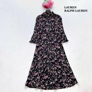 ラルフローレン(Ralph Lauren)の【ローレンラルフローレン】大きいサイズ＊花柄　ロングシャツワンピース　七分袖　8(ロングワンピース/マキシワンピース)