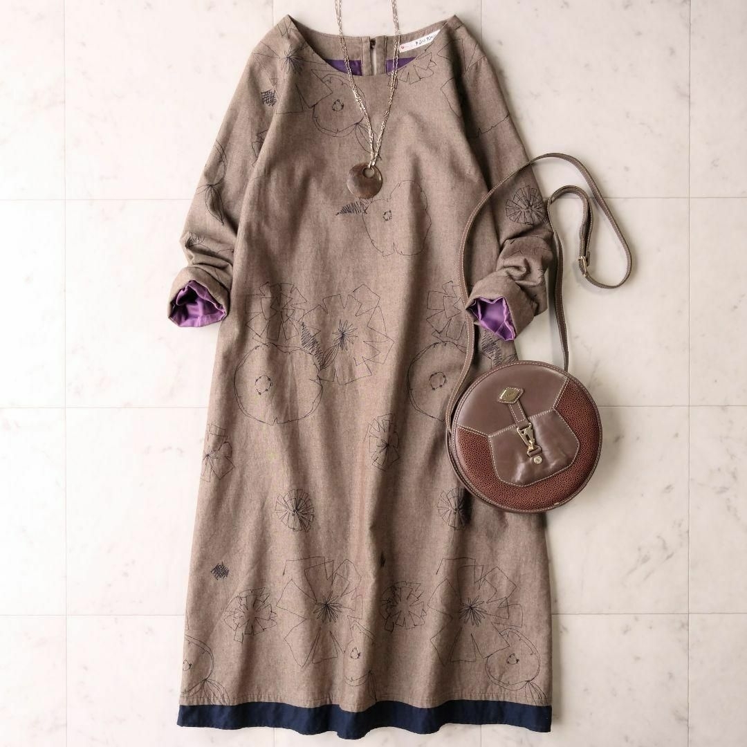45R - おまとめ パラスパレス フラワー刺繍 ワンピース 茶&切替 フレア
