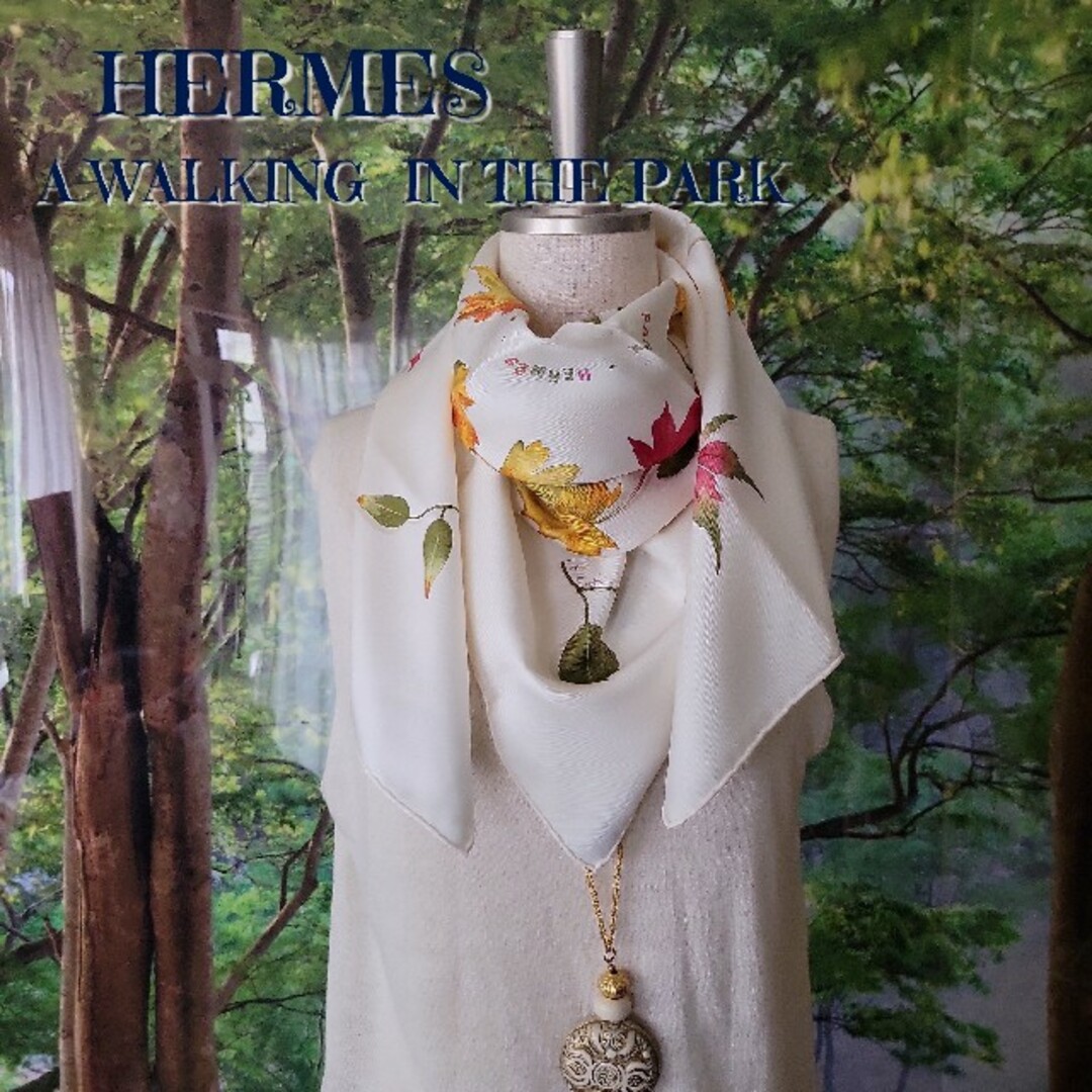 Hermes(エルメス)のレア　稀少　HERMES　エルメス　シルク　スカーフ　カレ90　リーフ柄　リーフ レディースのファッション小物(バンダナ/スカーフ)の商品写真
