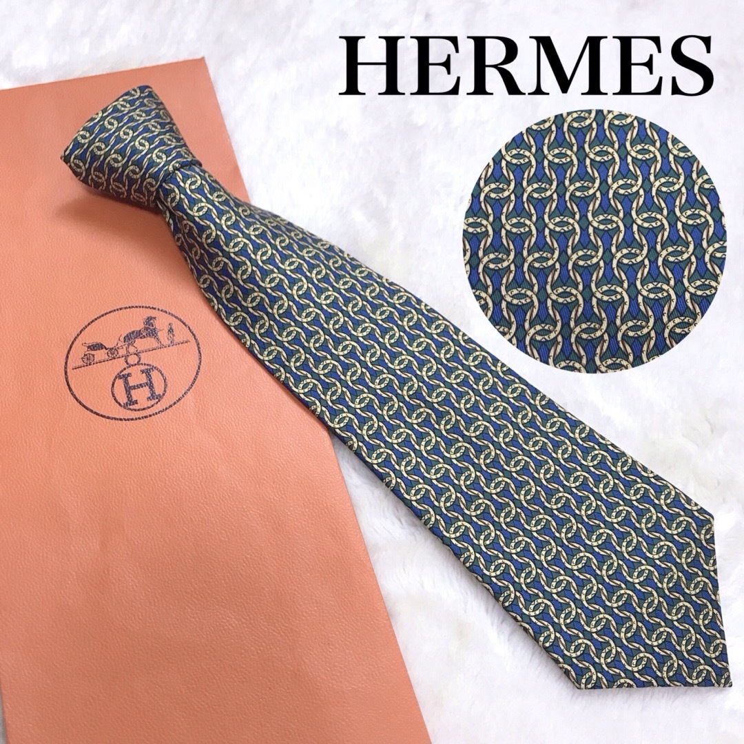 美品 HERMES ネクタイ マルチカラー 総柄 馬車 青 緑 黄色