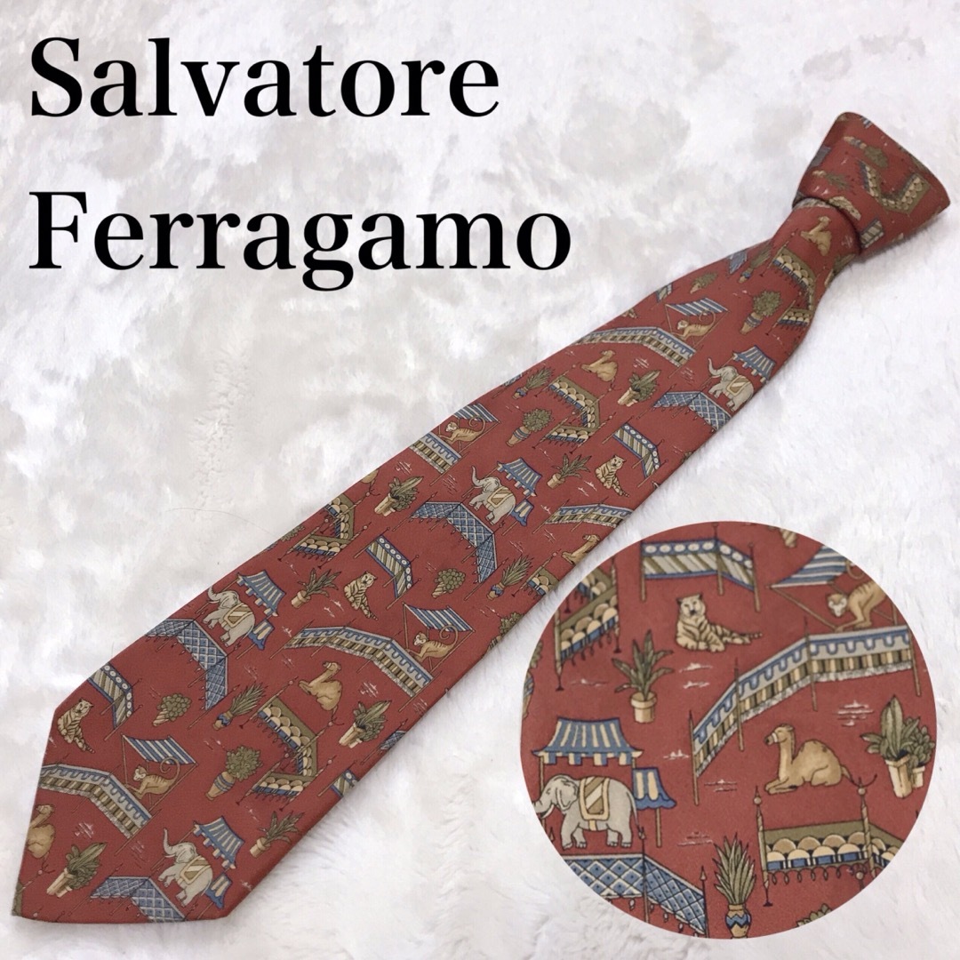 極美品 Salvatore Ferragamo ネクタイ オレンジ アニマル