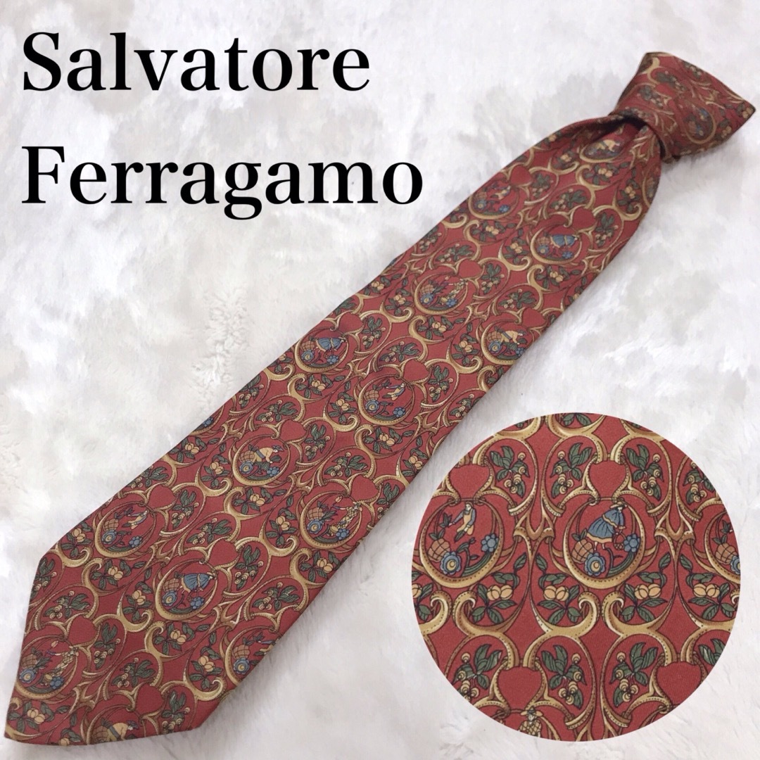 未使用 Salvatore Ferragamo ネクタイ 赤 レッド 植物 人間