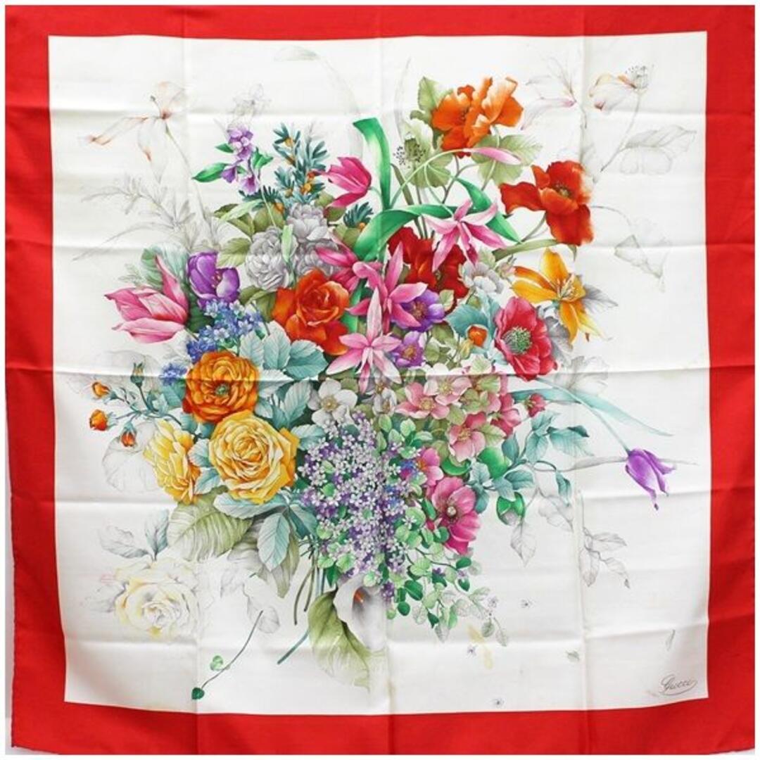 グッチ シルク スカーフ 花柄 レッド×ホワイト Bランク-